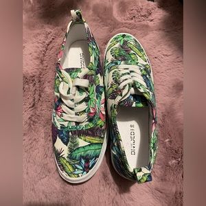 Divided Floral/Tropical Print Platform Sneakers.